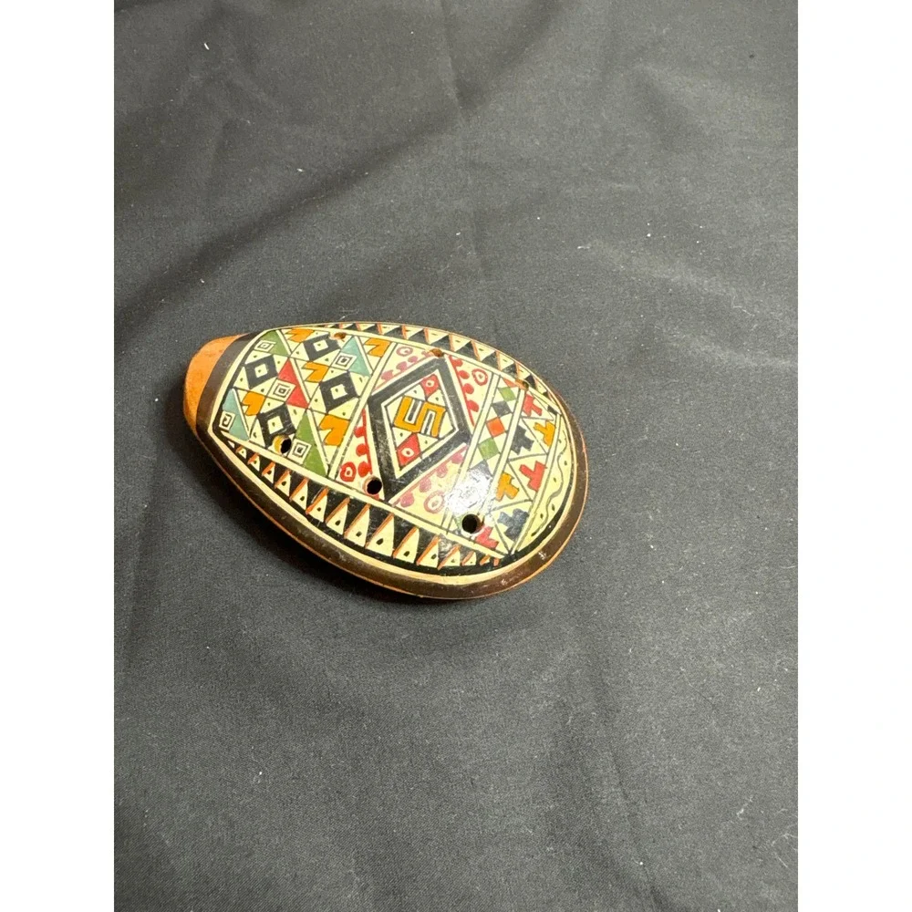 Hand Painted Clay Ocarina‎ Whistle Wind Instrument Folk Art Geometric Design